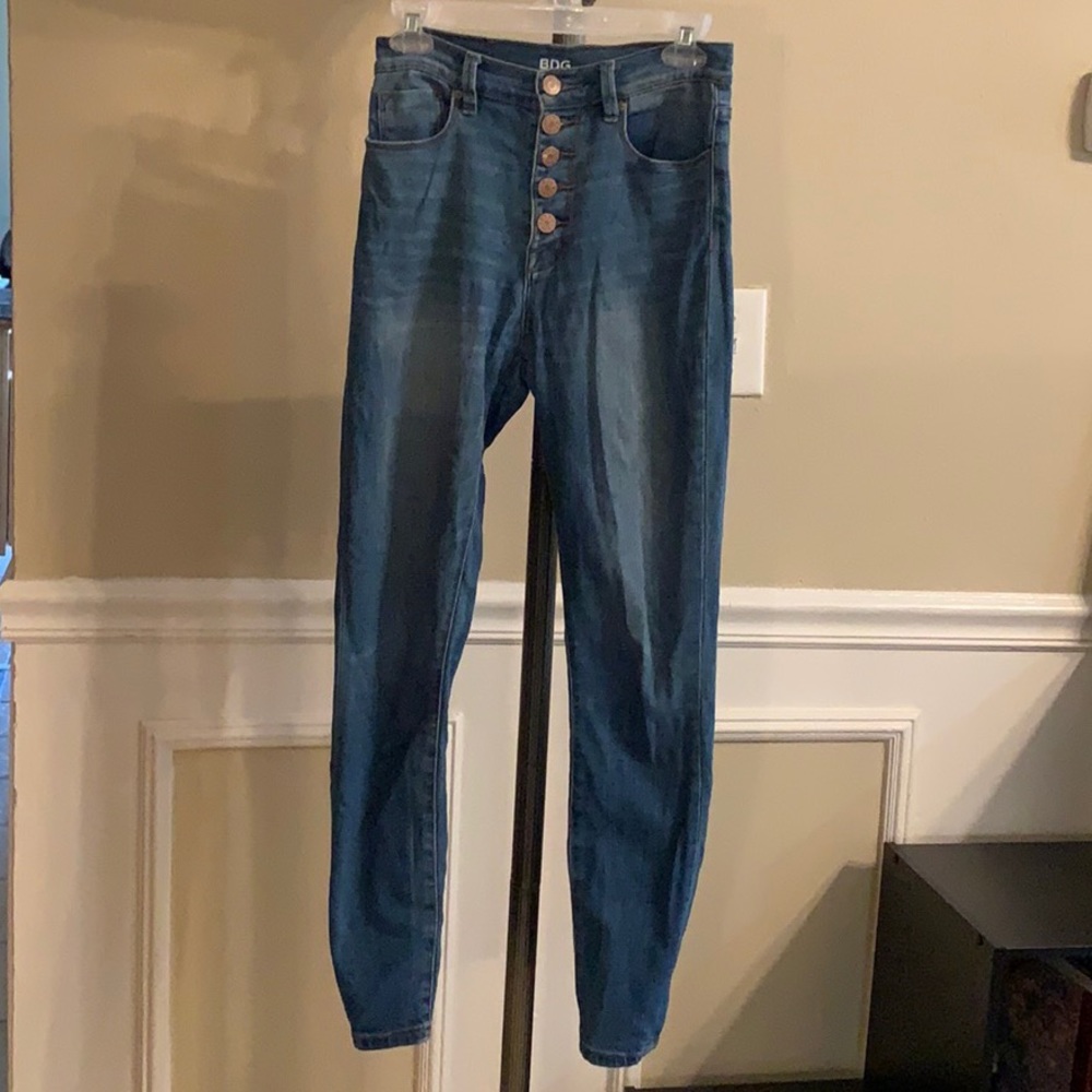 High-waisted medium-wash jeans